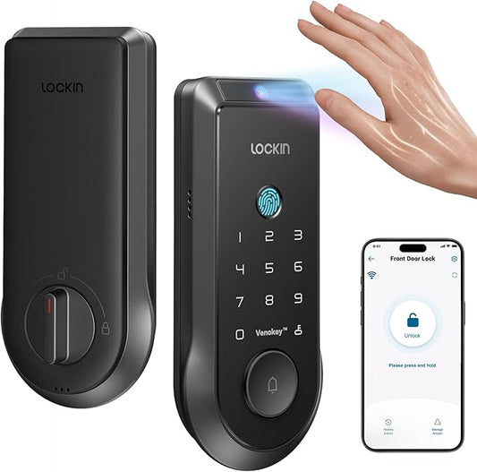 Lockin Veno Smart Lock with Palm Vein, Keyless Entry Smart Locks for Front Door with Doorbell, Fingerprint Lock Built-in WiFi, App Remote Control, 7-Month Battery Life, IP65 Waterproof