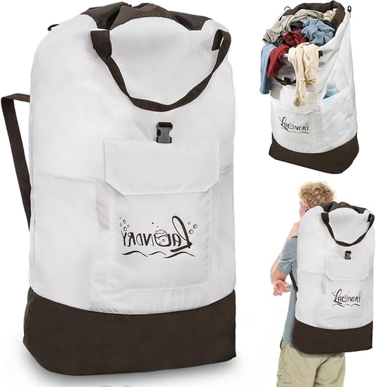 Backpack Laundry Bag, 125L Extra Large Travel Laundry Backpack, Waterproof Oxford Fabric Hamper Bag with Shoulder Straps, Extendable Dirty Clothes Bags for College Laundromat Apartment, Khaki