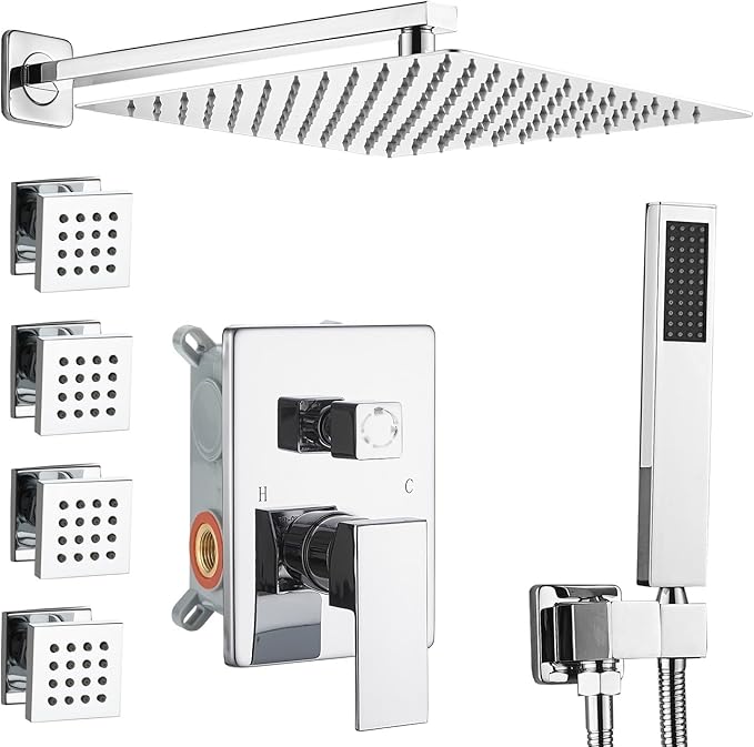 Shower Faucet Set with Body Jets 10 Inch Polished Chrome Shower Head Handheld Shower Combo Set High Pressure Wall Mount with Rough-in Valve, Polished Chrome