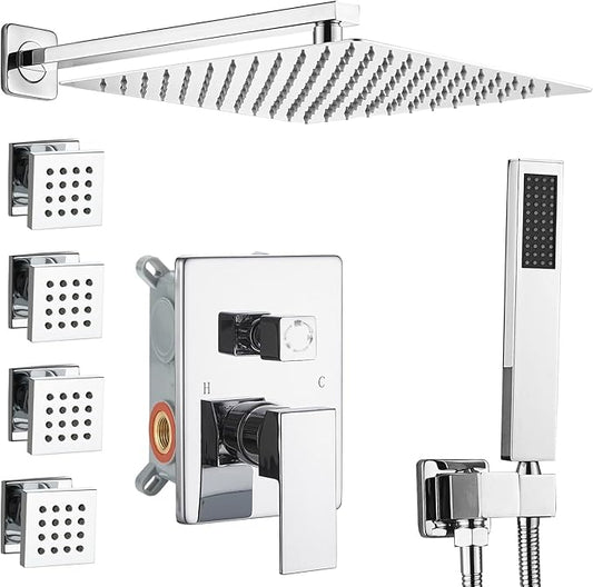 Shower Faucet Set with Body Jets 10 Inch Polished Chrome Shower Head Handheld Shower Combo Set High Pressure Wall Mount with Rough-in Valve, Polished Chrome