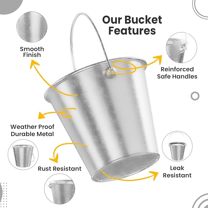 Galvanized Bucket, Metal Buckets with Handle 6 Pcs Leak Proof & Rust Resistant 48 fl oz Capacity - Best for Party Décor, Organizing & Decorating Easter Silver Bucket (Large 6.3" Top)