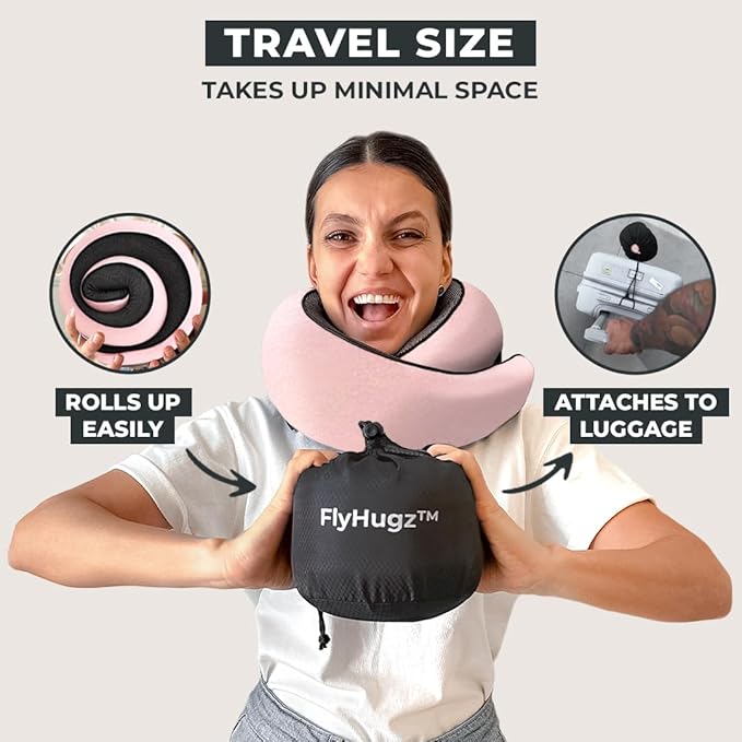 FlyHugz™ Neck Travel Pillow | Memory Foam Neck Pillow for Comfort on Airplane | Compact and Ergonomic Design for Travel, Car Rides, and Home Use | Ideal for Adults and Kids (Pink)
