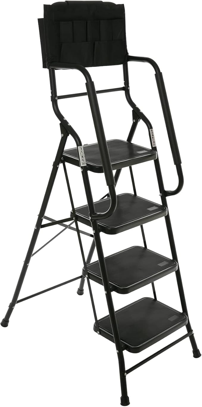 WiberWi 4 Step Ladder with Handrails 500 lb Capacity Step Stool Folding Portable Ladders for Home Kitchen Steel Frame with Non-Slip Wide Pedal Stepladder with Attachable Tool Bag Black