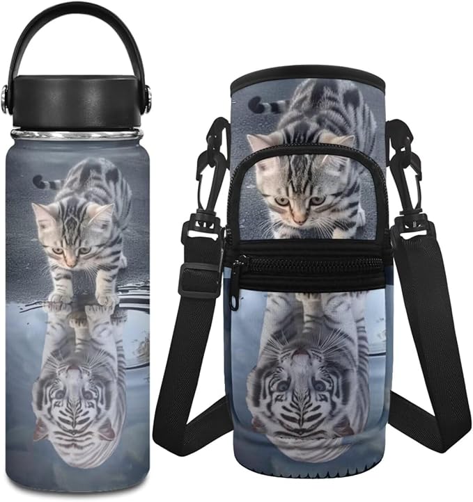 Funny Kids Water Bottle 8-10/10-12 Cat Stainless Steel Water Bottle 18 OZ Tiger 2 Pcs Water Bottle Holder Carrier Sling Water Bottle Pouch Sleeve