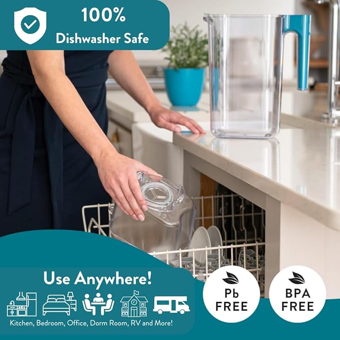 Perfect Pour Large 10 Cup Water Filter Pitcher by Aqua Optima, Reduces Microplastics, Ergonomic, Eliminates Splashes and Spills, BPA Free, NSF Certified, Includes 3 Evolve+ Water Filters, Blue
