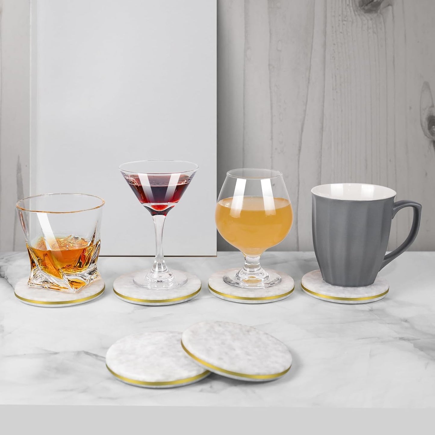 White Marble Coasters Set of 4 with Elegant Gold Brass Ring, Natural Marble Stone Coasters with Silicone Feet for Table Protection, Elegant Home Decor and Bar Tools