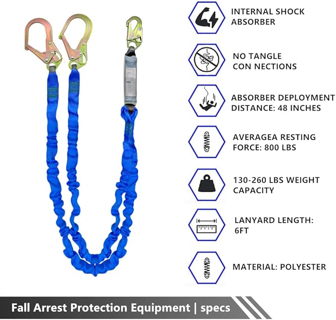 6FT Double Leg Internal Shock Absorbing Safety Fall Protection Lanyard with Dual Rebar & Snap Hook |Heavy-Duty Webbing | Roofer, | OSHA & ANSI Rated (AZ369-B-Shock Absorbing-Blue)