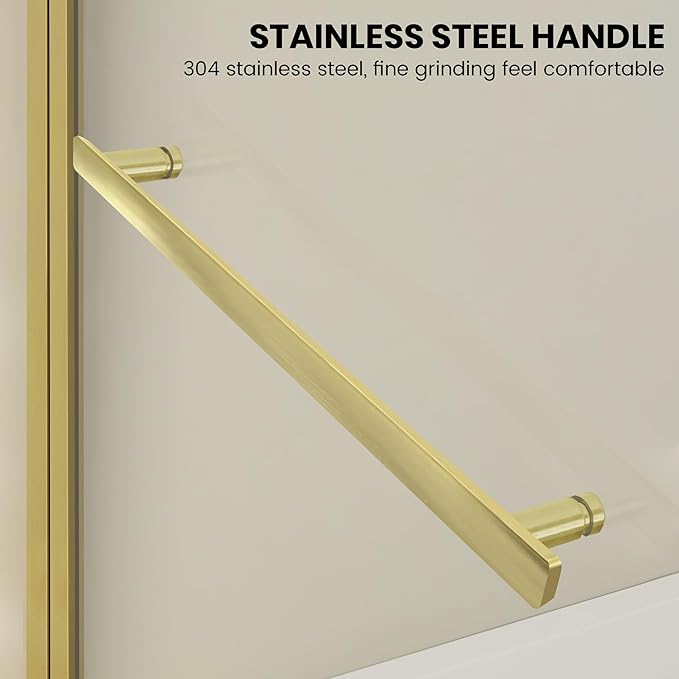 Frameless Hinged Bathtub Shower Glass Door - 34"x58", Clear 8mm Thick, Brushed Gold with Stainless Steel Handle