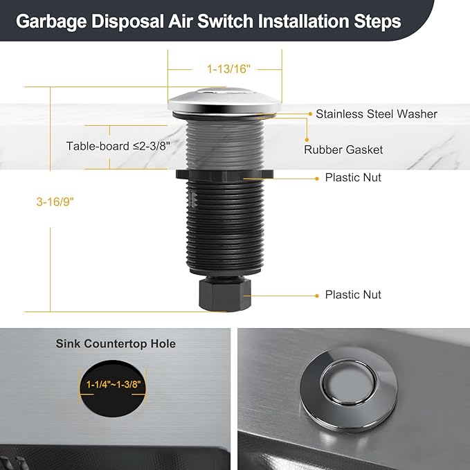 Garbage Disposal Air Switch Kit, Sink Button Food Waste Disposals Part On/Off Air Button Stainless Steel Polished (Brushed Stainless Steel, LONG/3.6")