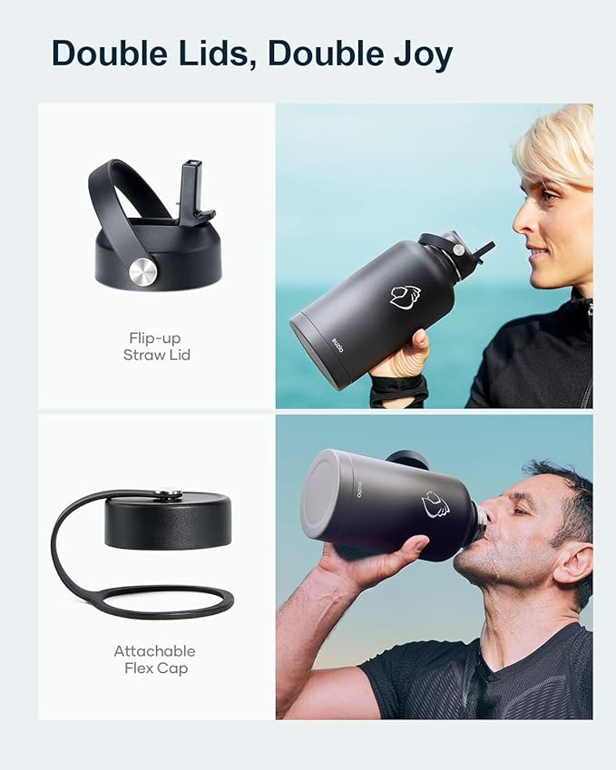 Insulated Water Bottle 64 oz with Straw Lid and Flex Lid, BUZIO 64oz Stainless Steel Water Bottle Half Gallon Jug Flask, Double Wall Vacuum Sports Thermo Mug, Cold Hot Hydro Metal Canteen