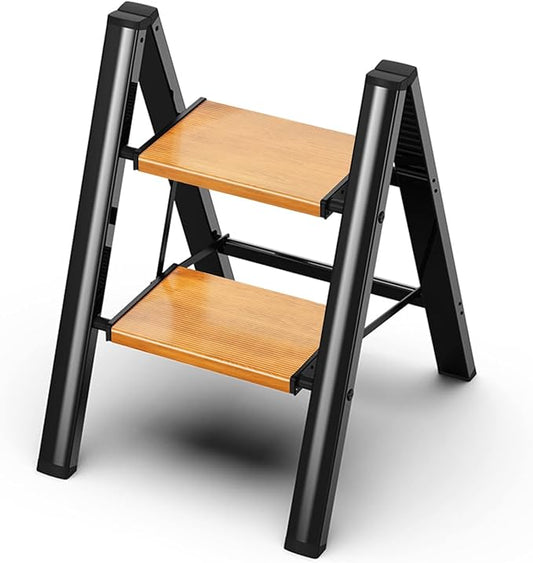 2 Step Ladder, Aluminum Lightweight Folding 2 Step Stool with Anti-Slip Wide Pedal,330lbs Capacity Steel Ladder for Household and Office(Black&Woodgrain)