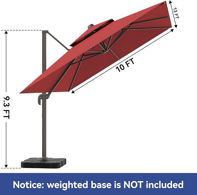10x13FT Cantilever Outdoor Patio Umbrellas, Double Top Large Rectangle Umbrella, Heavy Duty 360° Rotation Offset Outdoor Sun Shade Umbrella for Garden Deck Pool Backyard Patio, Red