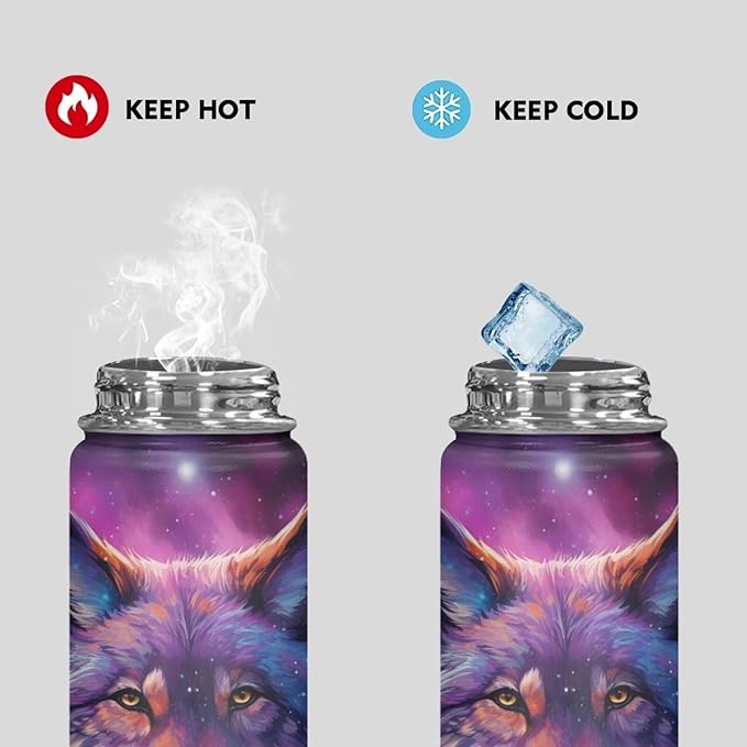 Galaxy Wolf Water Bottle Insulated 20 Oz Sport Water Bottles for Boys Kids Stainless Steel Water Bottles Metal Water Bottle Wide Mouth Bottle Vacuum Cup Purple Star