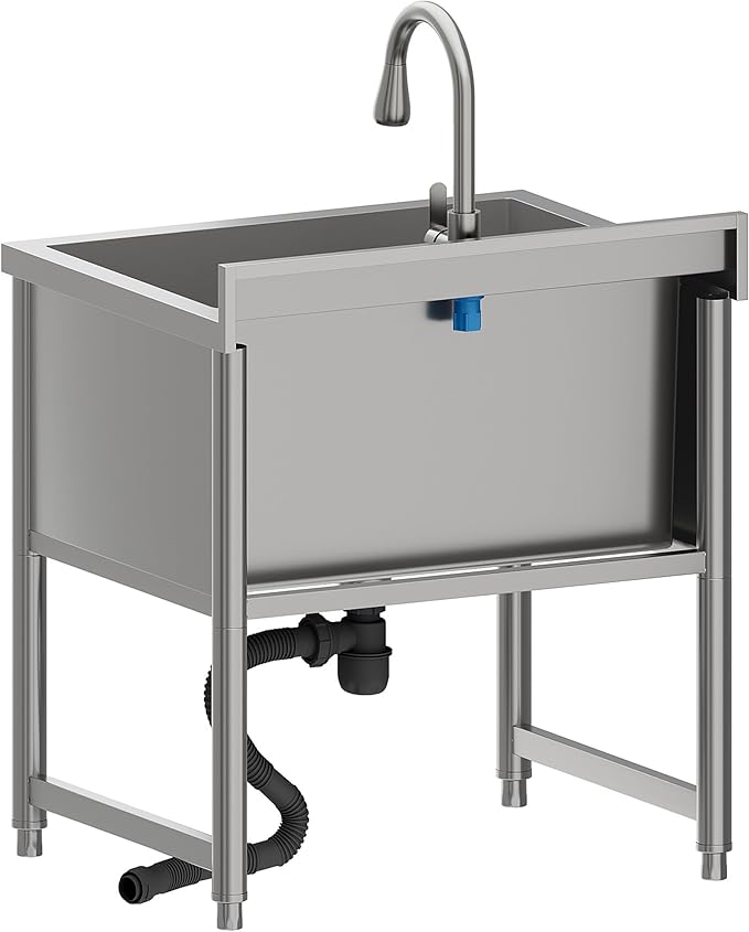 Stainless Steel Commercial Restaurant Sink, Freestanding Large Commercial Sink with Pull-out Faucet for Kitchen Dishwashing, Thawing, Pet Cleaning, Laundry Room, 23.6"D x 27.5"W x 36.8"H