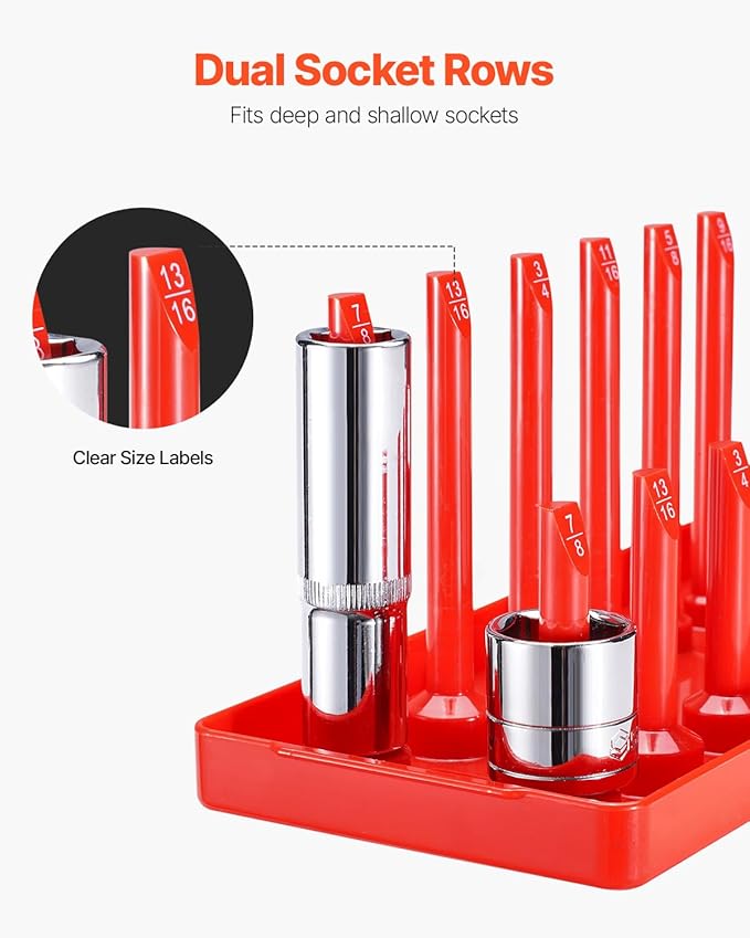 VEVOR Socket Organizer Set, 8PCS High-Rod Socket Holder, 1/4'', 3/8'' & 1/2'' Metric SAE Socket Trays with Clear Labels, Hold up to 176PCS Standard & Deep Sockets, Black & Red (Socket Not Included)