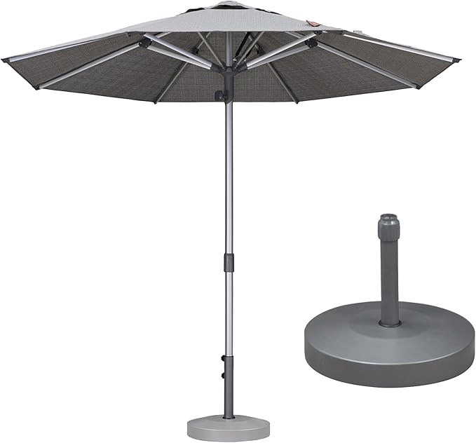 PURPLE LEAF 9 FT Semi-Auto Outdoor Patio Umbrella with Base Market Table Sun Umbrellas with 8 Aluminum Sturdy Ribs for Backyard Deck Garden Pool (Silver Pole Gray Canopy)