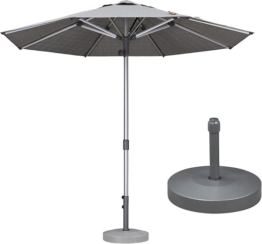 PURPLE LEAF 9 FT Semi-Auto Outdoor Patio Umbrella with Base Market Table Sun Umbrellas with 8 Aluminum Sturdy Ribs for Backyard Deck Garden Pool (Silver Pole Gray Canopy)