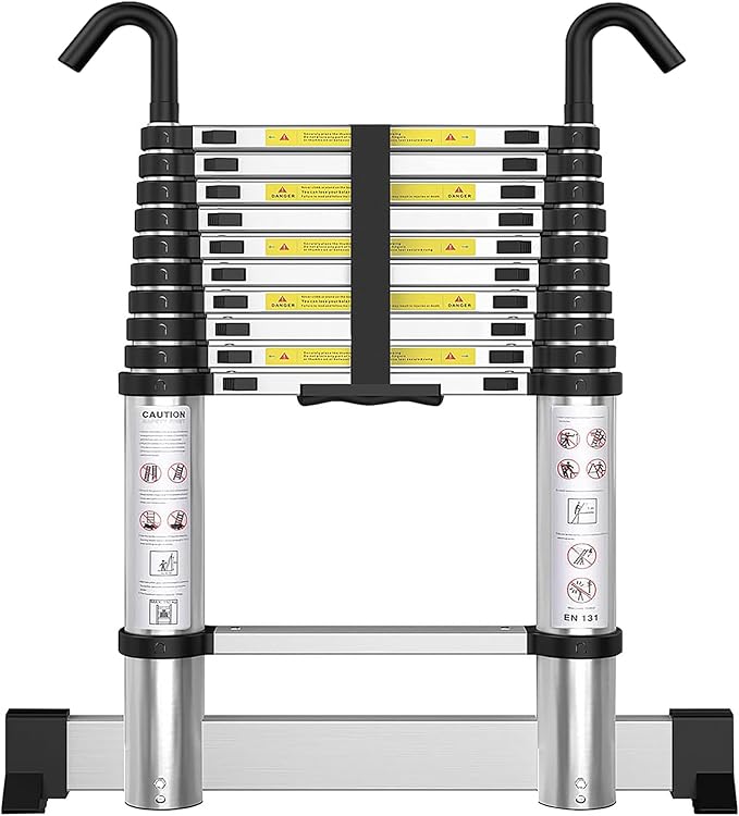 Telescoping Ladder with Hooks 10.5 FT - Aluminum Telescopic Ladder with Stabilizer - Retractable Extension Ladders for Home Loft Roof RV Work with EN131 Certification - 330lbs Max Capacity