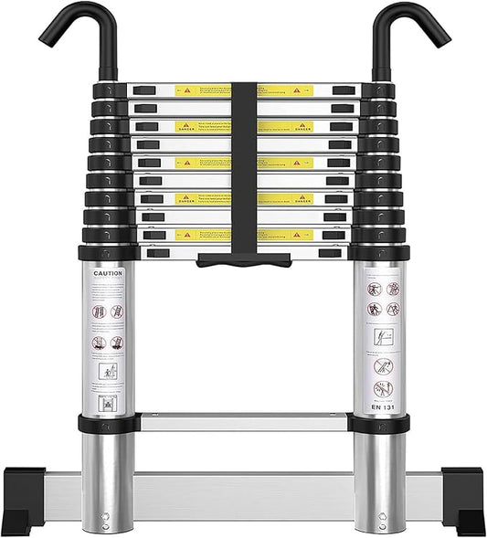 Telescoping Ladder with Hooks 10.5 FT - Aluminum Telescopic Ladder with Stabilizer - Retractable Extension Ladders for Home Loft Roof RV Work with EN131 Certification - 330lbs Max Capacity