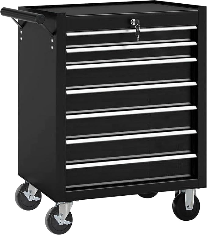Tool Chest 7 Drawers Garage Storage Cabinet Steel Frame Tool Chest with Wheels, Top Storage Rack, Rubber Mat, Side Handle for Garage Workshop, Black