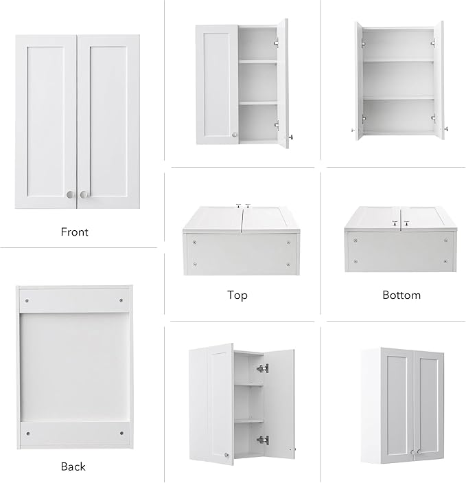 White Wall Mount Cabinet, MDF Over The Toilet Storage Cabinet with Adjustable Shelves, Space Saver 2 Door Medicine Cabinet for Bathroom Laundry Kitchen, 19x 27in, No Paint Odor