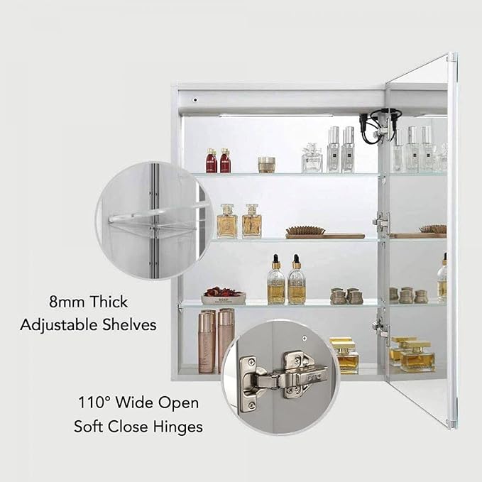 BLOSSOM Recessed or Surface LED Lighted Mirror Medicine Cabinet with Lights, LED Medicine Cabinet with Defogger (20x32/Right Hinge)