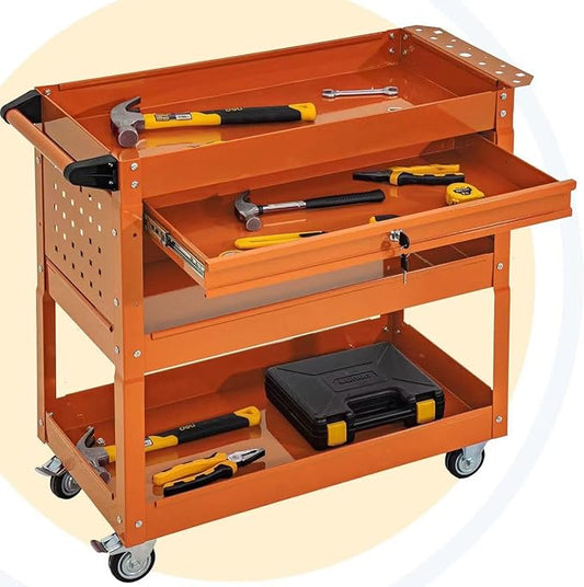 SUN & SUMMER 3-Tier Rolling Tool Cart with Wheels Tool Storage Organizer Chest with Lockable Drawers Tool Box with Adjustable Shelf Utility Cart on Wheels for Workshop Garage Warehouse(Orange)