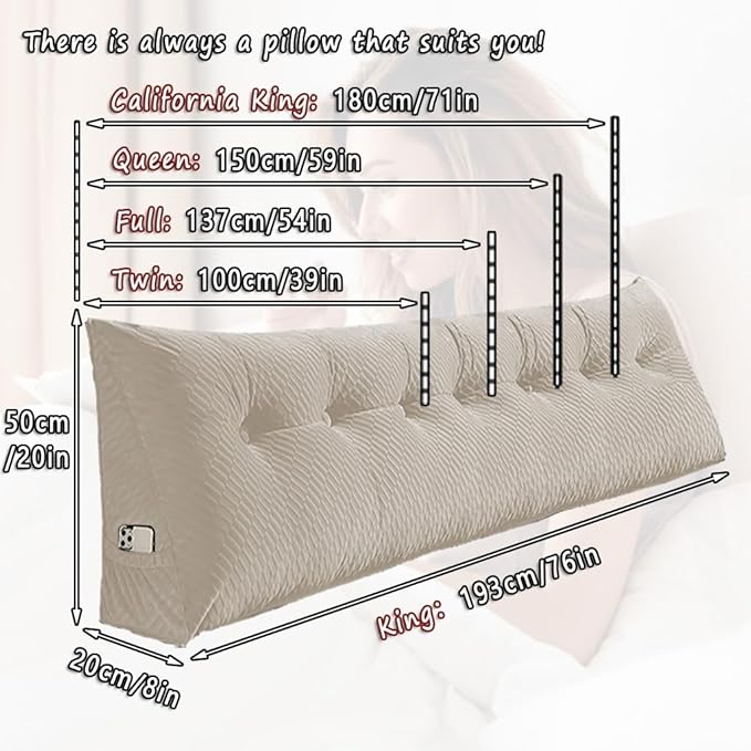 Gradient Velvet Triangular Wedge Pillow, Removable Cover Headboard Pillow for Daybed, Backrest Positioning Support Pillow Cushion Resting Reading Relaxing (Beige, California King(71*20*8in))
