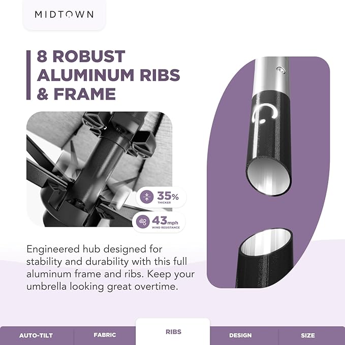 Midtown Umbrellas 10-Year-No-Fade - 9 Ft - UV Proof Purple Polyester Fabric - Umbrella Outdoor Patio, Auto-Tilt Aluminum Frame Patio Umbrella for Garden, Pool & Deck - Black Pole