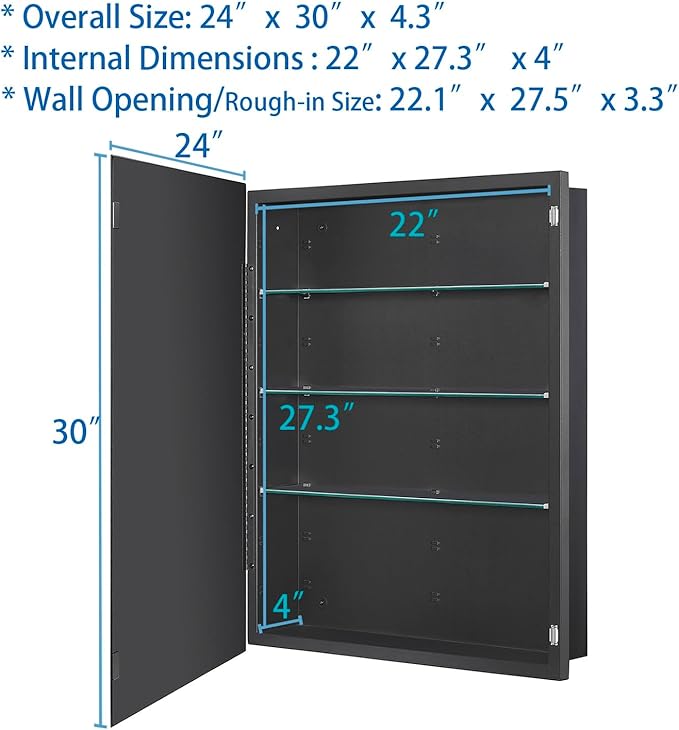 Black Bathroom Medicine Cabinet with Beveled Edge Mirrored Door 24 x 30 inch, Recessed or Surface Mount, with Adjustable Glass Shelves