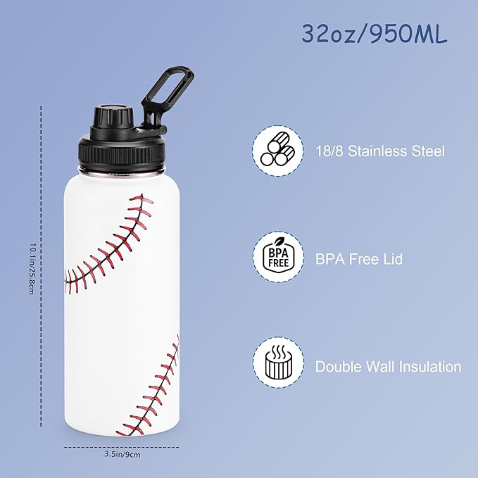 Cutiset 32 oz Baseball Water Bottle with Lids, Stainless Steel Leak Proof Sports Water Flask, Vacuum Metal Water Bottle,Baseball Line Design