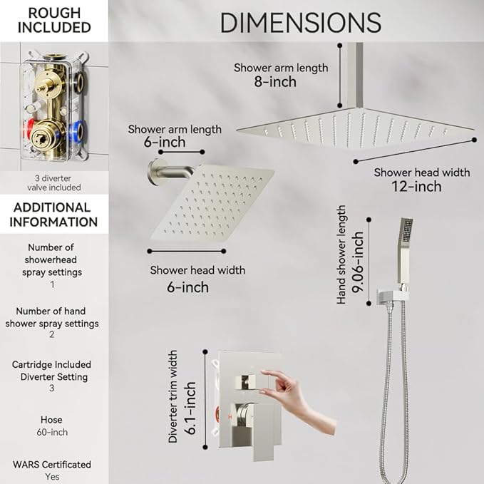 Shower Faucet Set Brushed Nickel Shower System, STARBATH 12+6" Double Rain Shower Head and Handheld Spray for Two Person, Ceiling Mount 3 Way Shower Valve with 5 Diverter and Trim Kit Shower Set