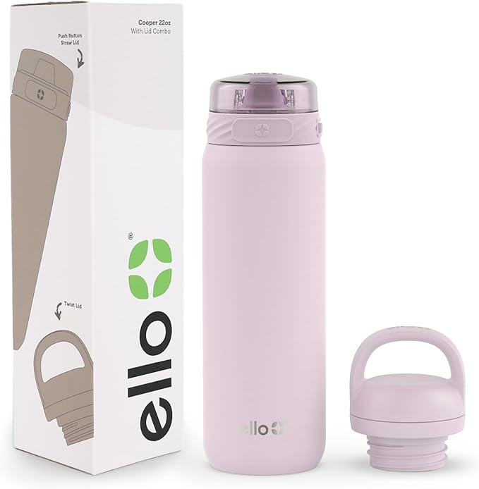 Ello Cooper 22oz Stainless Steel Water Bottle with 2 Lids Chug and Straw | Leak Proof Double Walled and Vacuum Insulated | Fits Car Cupholder | Built in Carry Loop | Dishwasher Safe | Cashmere Pink