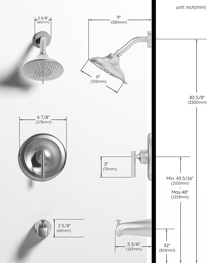 WOWOW Brushed Nickel Shower Tub Kit Brass Shower Faucet Set with Tub Spout and 6-Inch Rain Shower Head, Single Handle Tub and Shower Trim Kit, Shower Valve Include