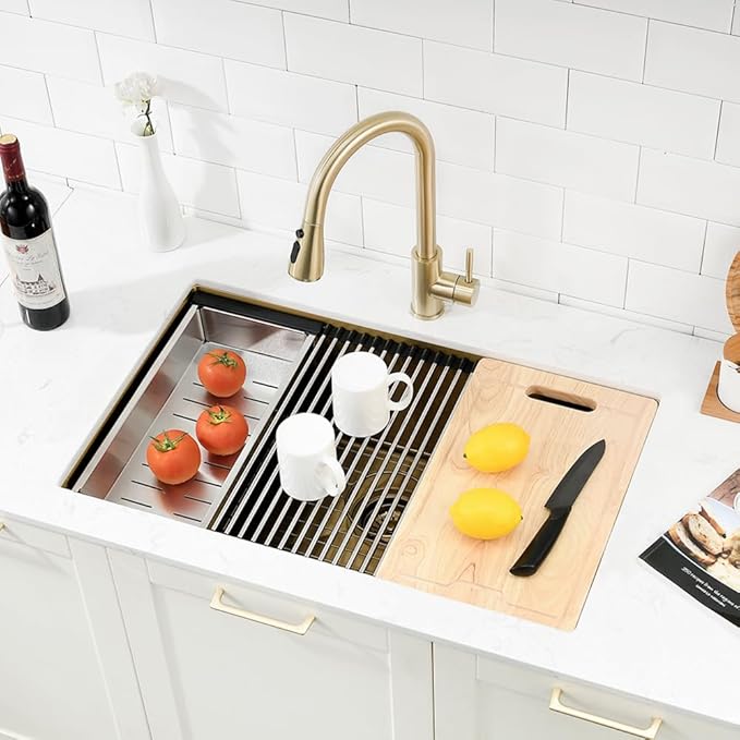 30 Inch Undermount Kitchen Sink Gold Stainless Steel Workstation Single Bowl 16 Gauge Over Counter Deep Kitchen Sink Basin