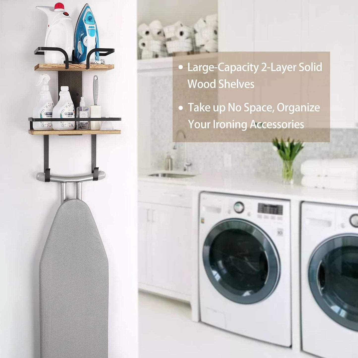 VINAEMO Ironing Board Hanger Wall Mount, 2-Layer Iron and Ironing Board Holder, Laundry Room Shelves Solid Wood with Removable Hooks Home Organization and Storage