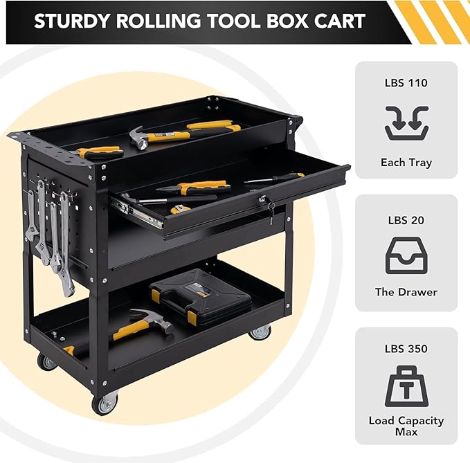 SUN & SUMMER Tool Chest with Wheels, Rolling 3-Tier Tool Cart with Wheels 330 LBS Capacity Heavy Duty Utility Industrial Service Cart with Locking System Drawer for Garage, Warehouse & Repair Shop