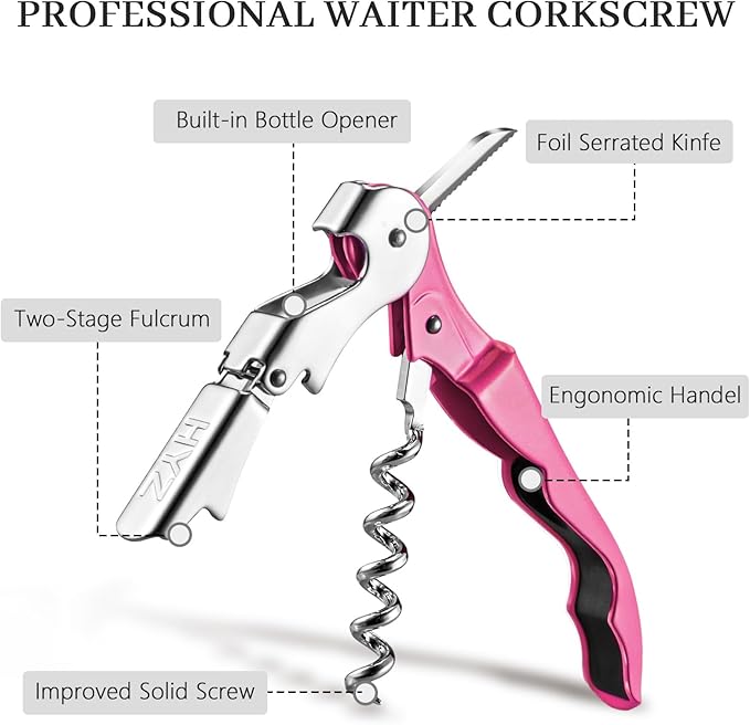 HYZ 2-Pack Wine Opener Waiter Corkscrew, Professional Wine Key for Servers, Bartender with Foil Cutter, Manual Wine Bottle Opener Double Hinged (Rosy)