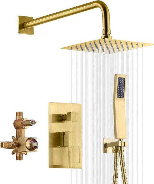 sumerain Brushed Gold Shower System Pressure Balance Shower Faucet, 8 Inches Square Rain Shower Head and Hand Shower, Including Rough-In Valve