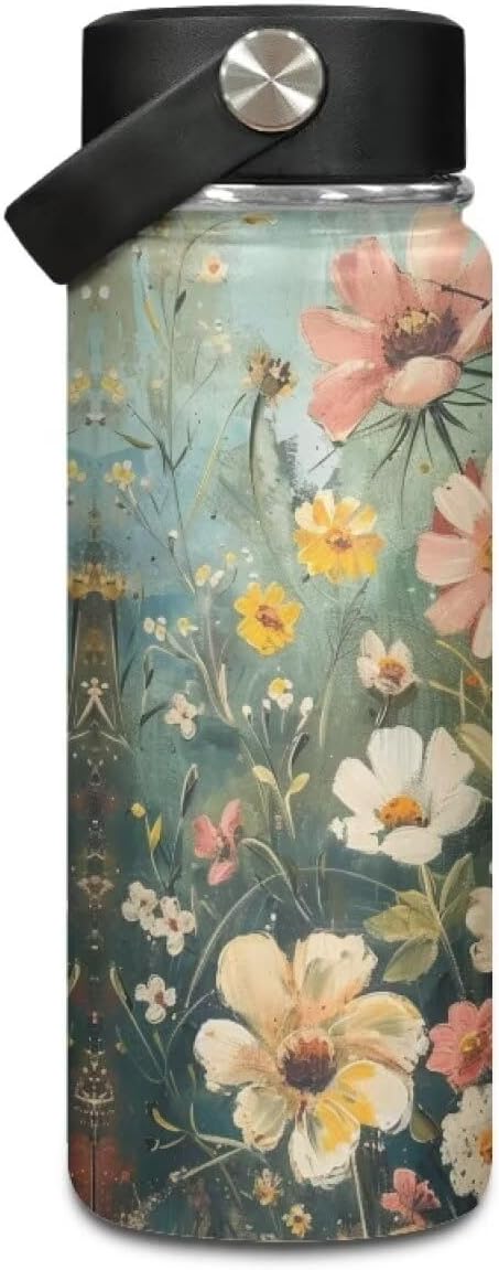 Floral Print Insulated Water Bottle for Women Stainless Steel Sports Water Flask Cup Portable Handle Hot and Cold Water Bottle, 18 Oz