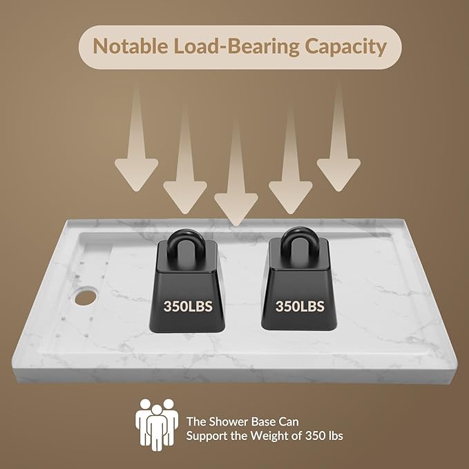 MORVANO 60 x 32 Shower Base with Single Threshold Rectangular Left Drain Location Shower Base,Shower Pan With Stainess Steel Cover,Marble White Acrylic Shower Base