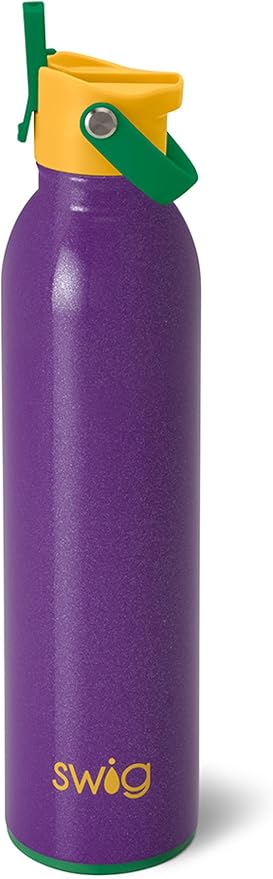 Swig Life 26oz Insulated Water Bottle with Straw & Flip + Sip Handle | Leak Proof, Dishwasher Safe, Cup Holder Friendly, Stainless Steel Water Bottle in Pardi Gras