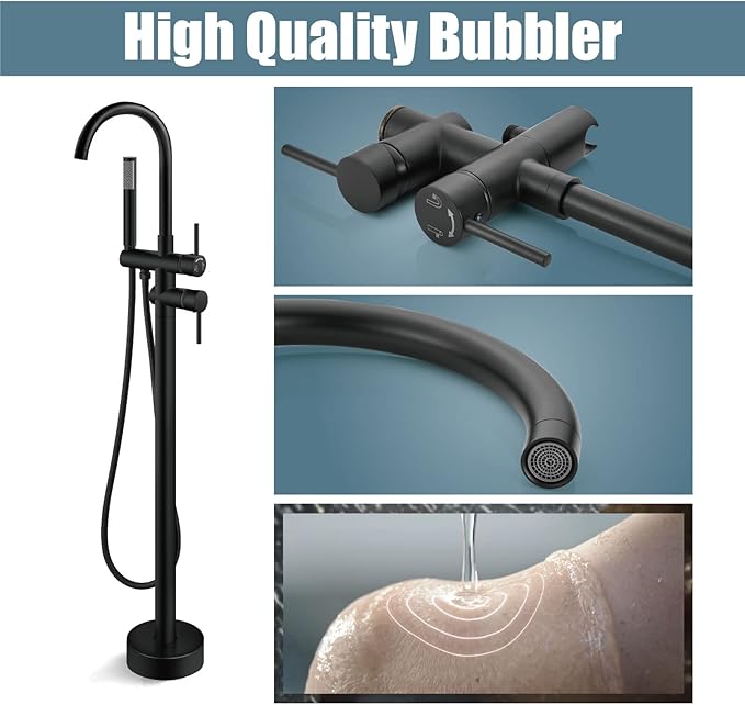 Aolemi Floor Mount Bathtub Faucet Freestanding Tub Filler Standing High Flow Shower Faucets Shower Mixer Taps, Swivel Gooseneck Spout with Cylinder Handheld Matte Black