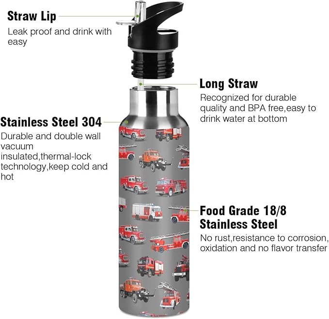 Fire Truck Stainless Steel Water Bottle with Straw Lid - 20 Oz Sports Insulated Water Bottle Thermos for Sport Gym Outdoor Travel School