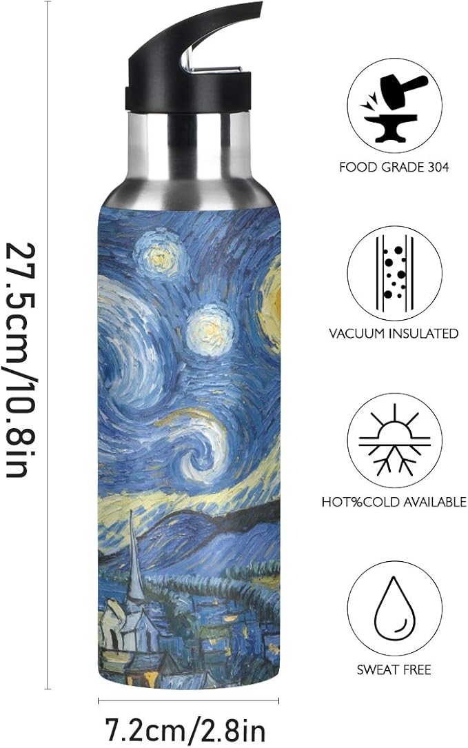 Blueangle Van Gogh The Starry Night Art Water Bottle, 22 oz, Leak-Proof, BPA Free Stainless Steel Water Bottles for Sports Gym Fitness Work