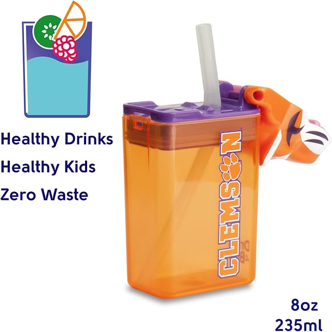 Reusable Water Bottle | Officially Licensed NCAA Sports Bottle | BPA Free | Dishwasher Safe | The Clemson Tiger Mascot | 8 oz Drink in the Box - Clemson University