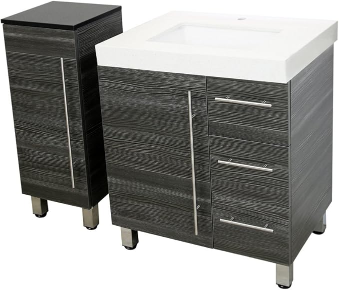 30" Freestanding Bathroom Vanity, Dark Grey. White Integrated Countertop