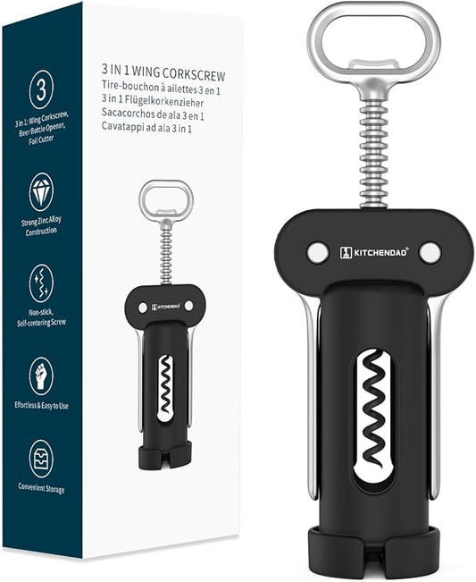 KITCHENDAO 3 in 1 Wing Corkscrew Wine Bottle Opener with Foil Cutter, Built-in Beer Bottle Opener, Multifunctional Wine Opener with Non-Stick Sharp Screw,Easy to Use, Manual Wine Corkscrew，Black