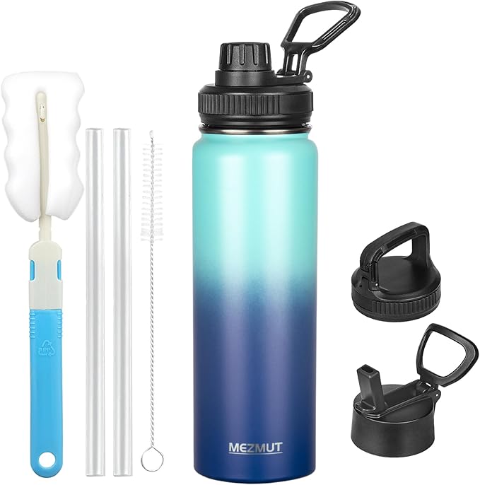 Insulated Water Bottle 24oz Stainless Steel Water Bottles with Straw&3 Lids Sports Metal Water Bottle Thermos Cup Double Walled Vacuum Insulated Bottles Leak-Proof Travel (Gradient Blue)