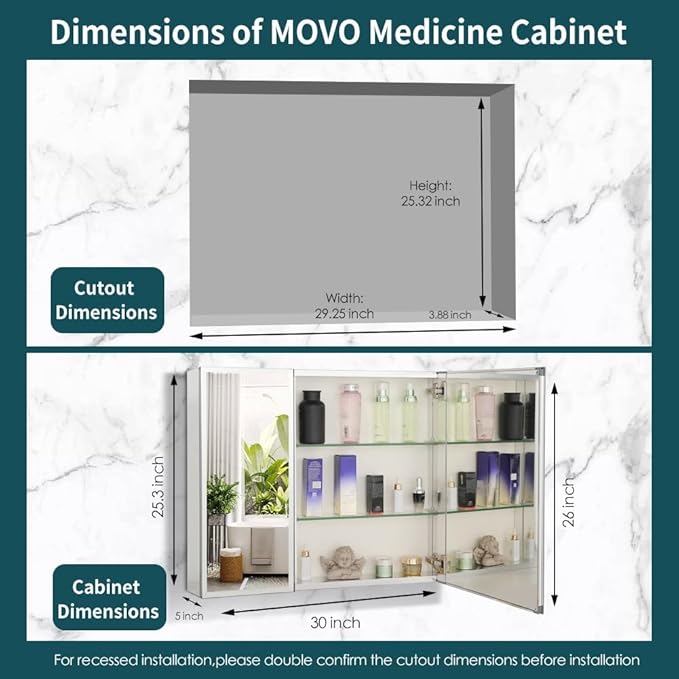 Double Doors Medicine Cabinet with Mirror, 30 inch X 26 inch Aluminum Bathroom Medicine Cabinet, Adjustable Glass Shelves, Waterproof and Rust-Resist, Recess or Surface Mount Installation,Silver